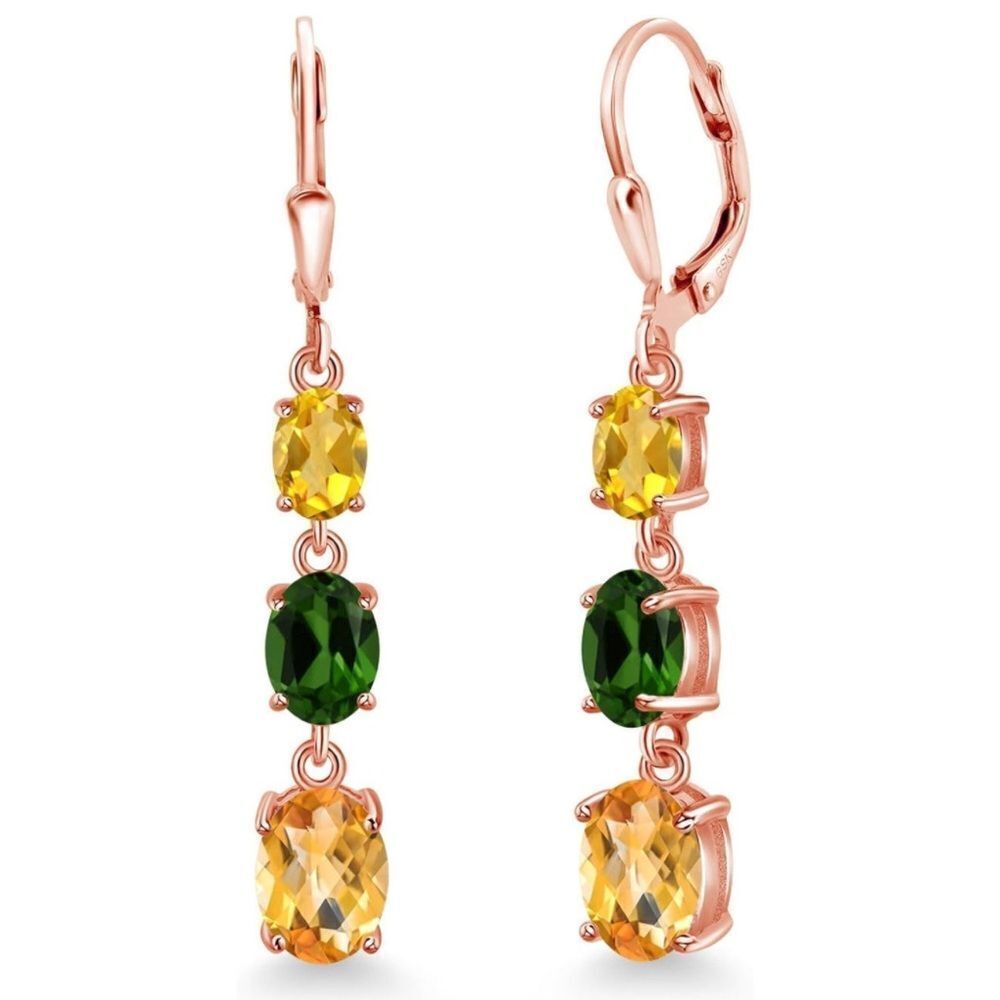 18K Rose Gold with 4.80 Cttw 3 Stone Citrine and Chrome Diopside Drop Earrings